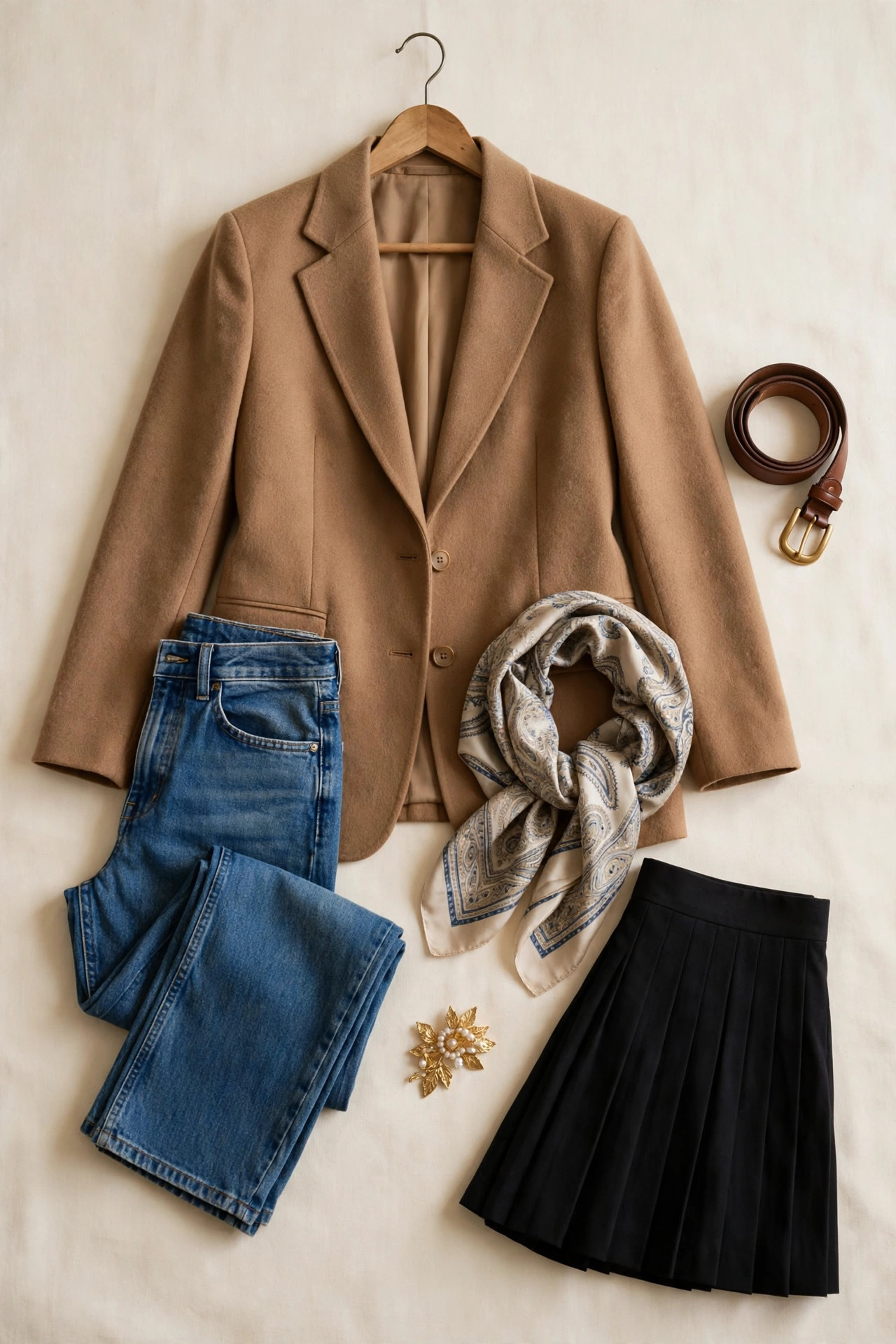 Camel blazer on a hanger in a flat lay with leather belt, silk scarf, jeans, black skirt, and gold brooch on a cream background