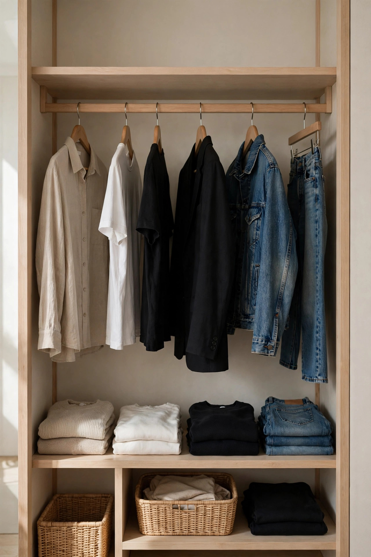 Minimalist closet with neutral capsule wardrobe pieces on wooden hangers in beige, white, black and denim
