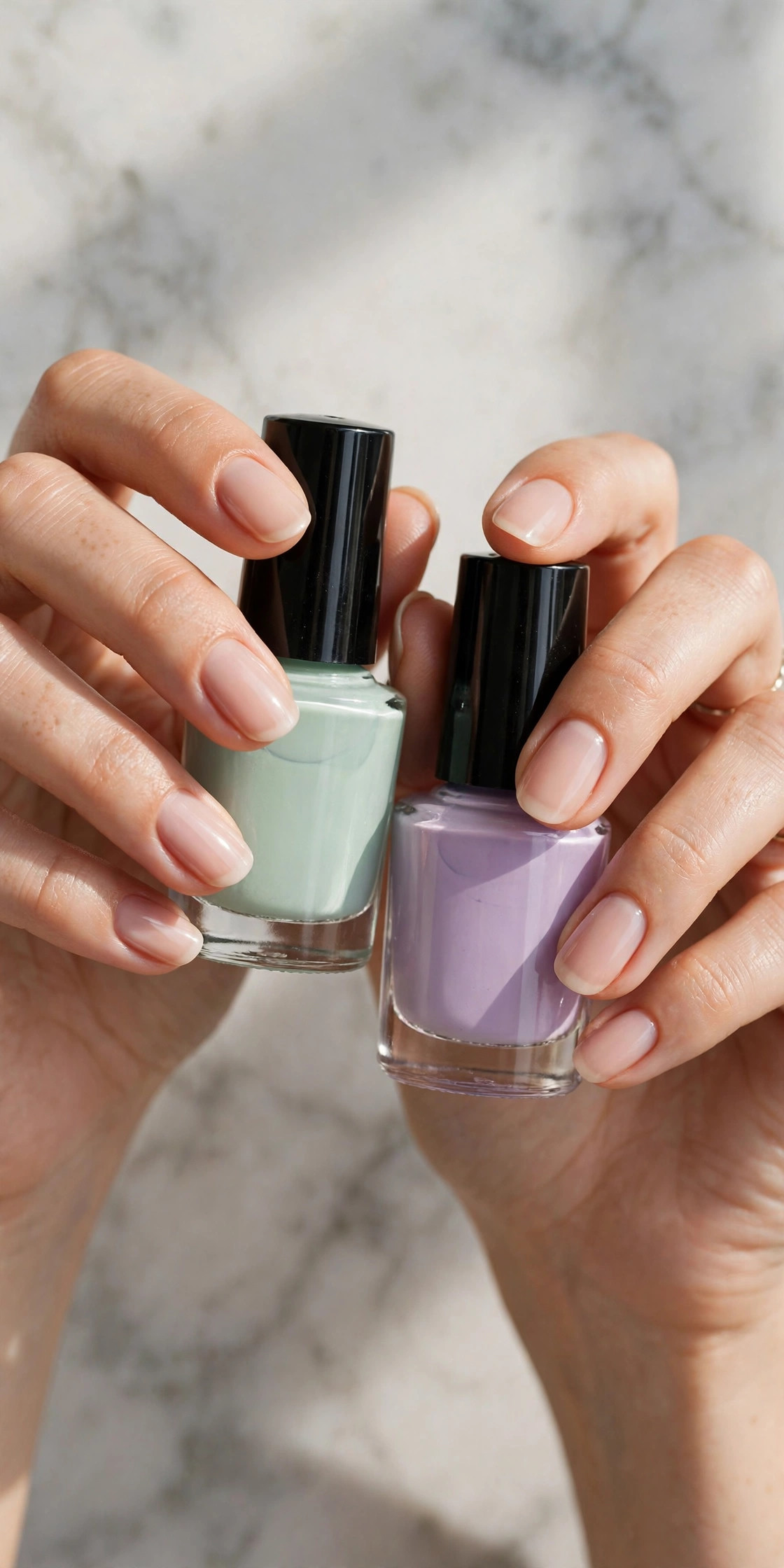 Close-up of elegant hands with nude manicured nails holding pastel nail polish bottles on a marble background
