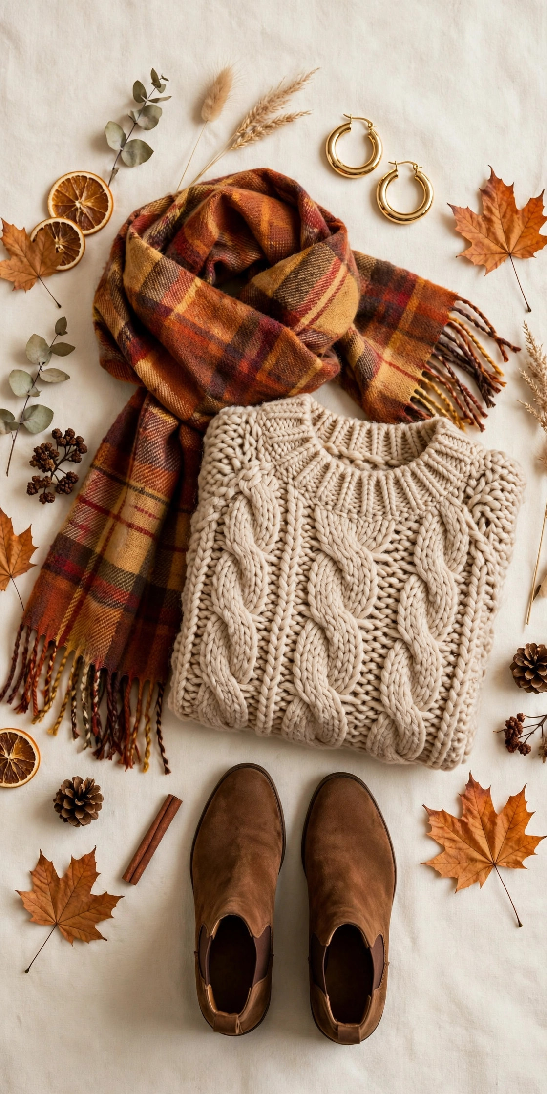 Flat lay of a cozy autumn outfit: cream chunky knit sweater, plaid scarf, brown ankle boots and gold hoop earrings on a cream background