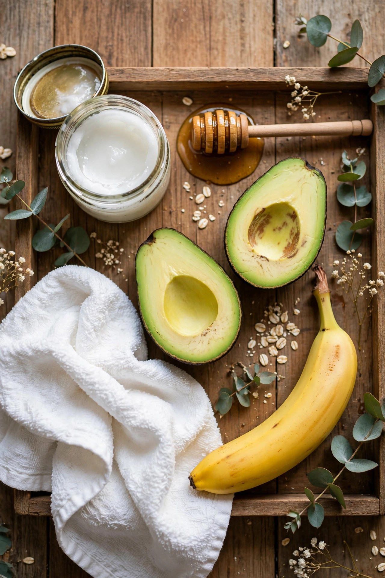 DIY hair mask ingredients on a wooden tray: coconut oil jar, honey dipper, avocado halves, banana, and a white towel in soft daylight