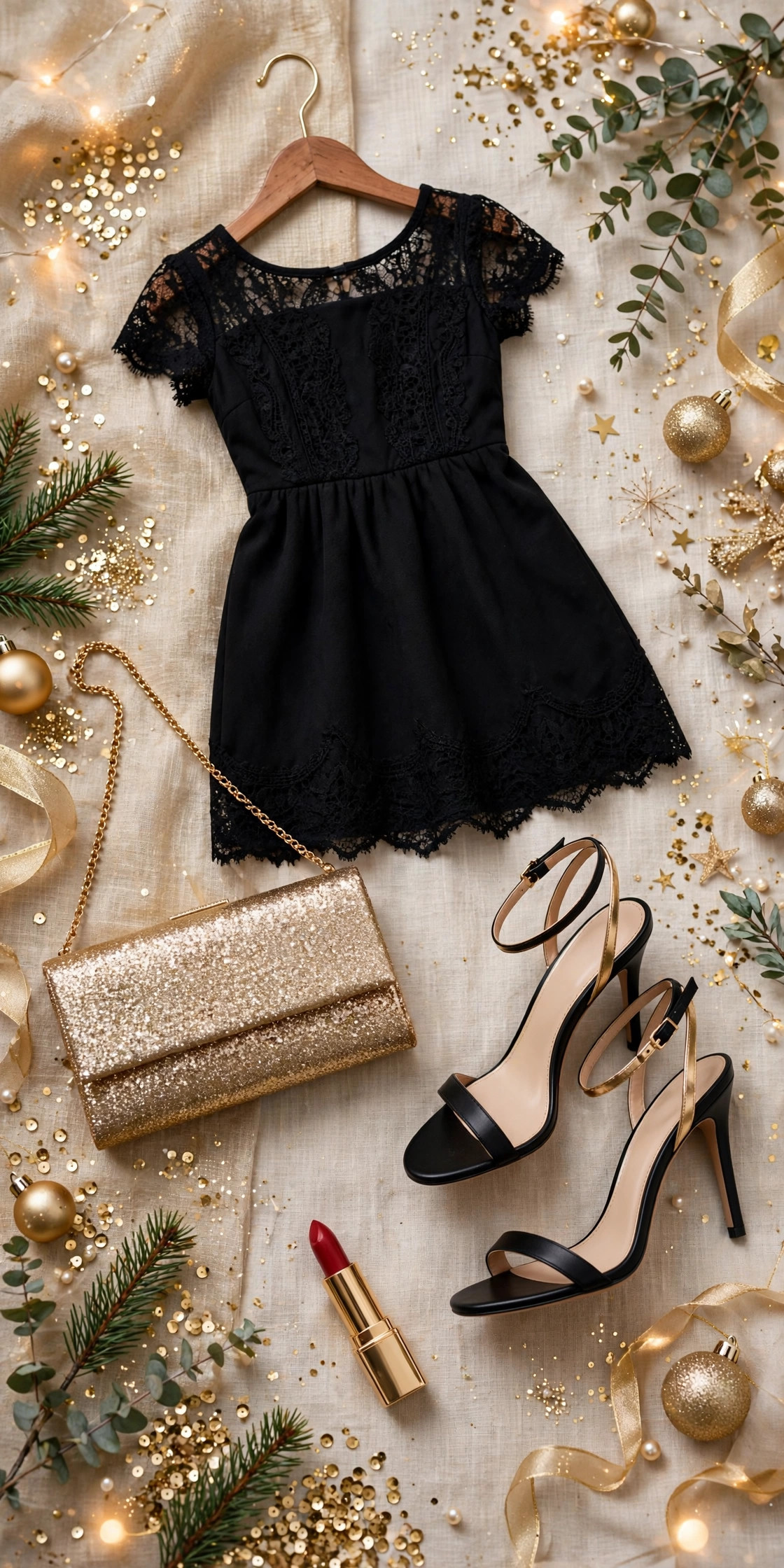 Festive flat lay with a little black dress on a hanger, sparkly gold clutch, strappy heels, and red lipstick in champagne gold tones