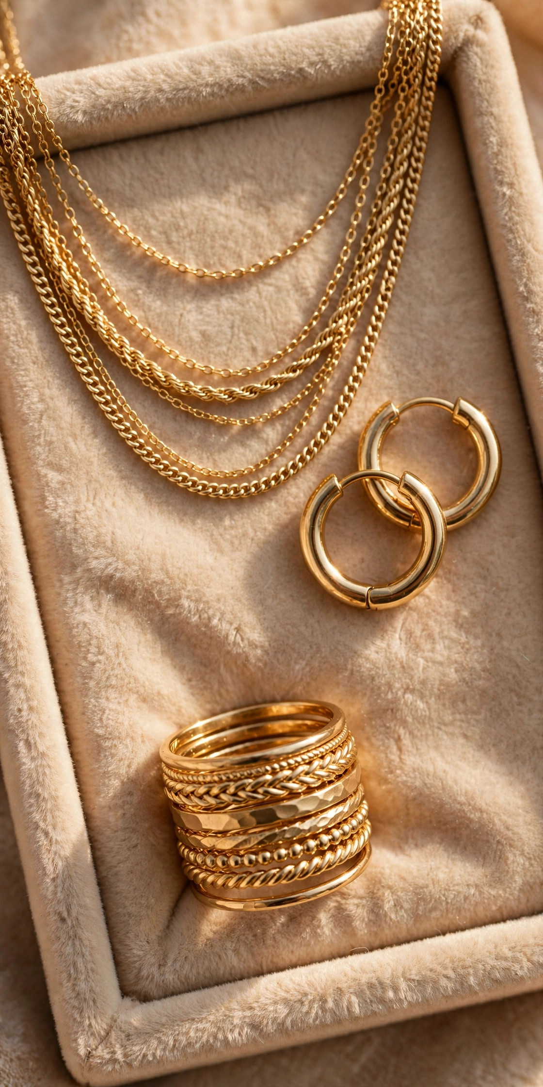 Gold layered necklaces, hoop earrings, and stacked rings arranged on a beige velvet jewelry tray in warm light
