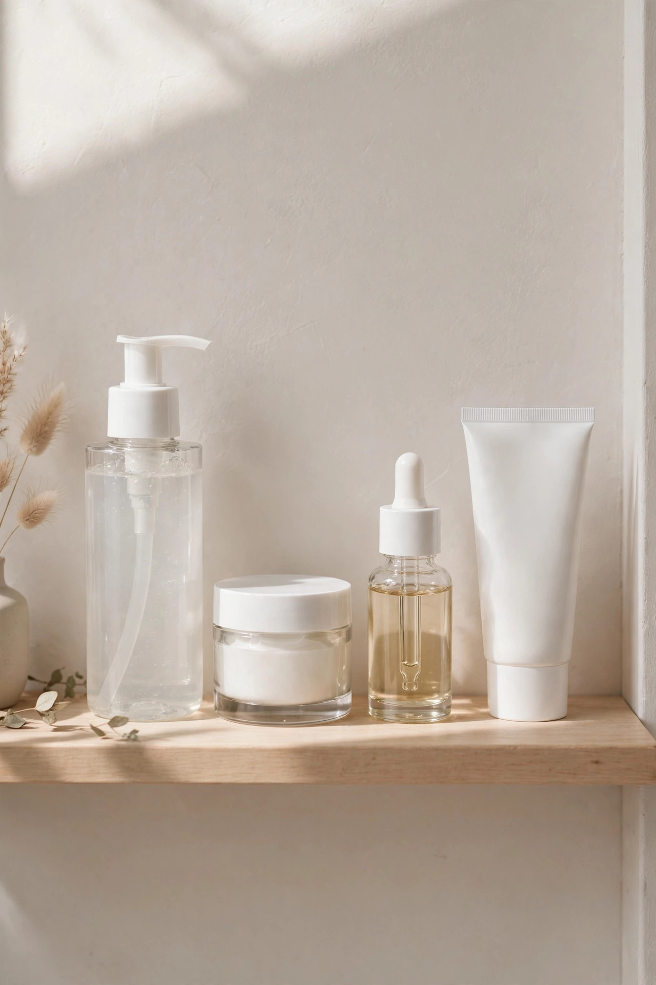 Budget skincare products arranged on a clean bathroom shelf: gentle cleanser, moisturizer jar, serum bottle, and sunscreen in soft daylight