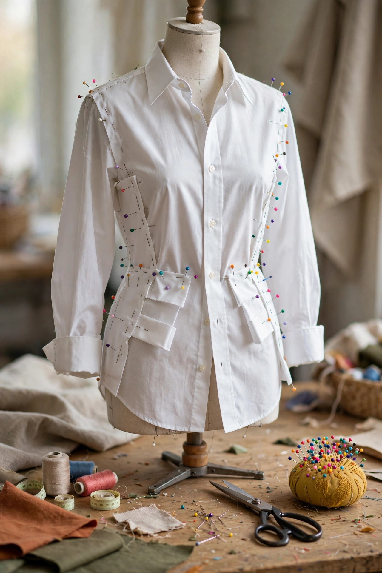 Oversized white button-down shirt pinned for tailoring on a dress form, with sewing scissors and colorful pins on a craft table