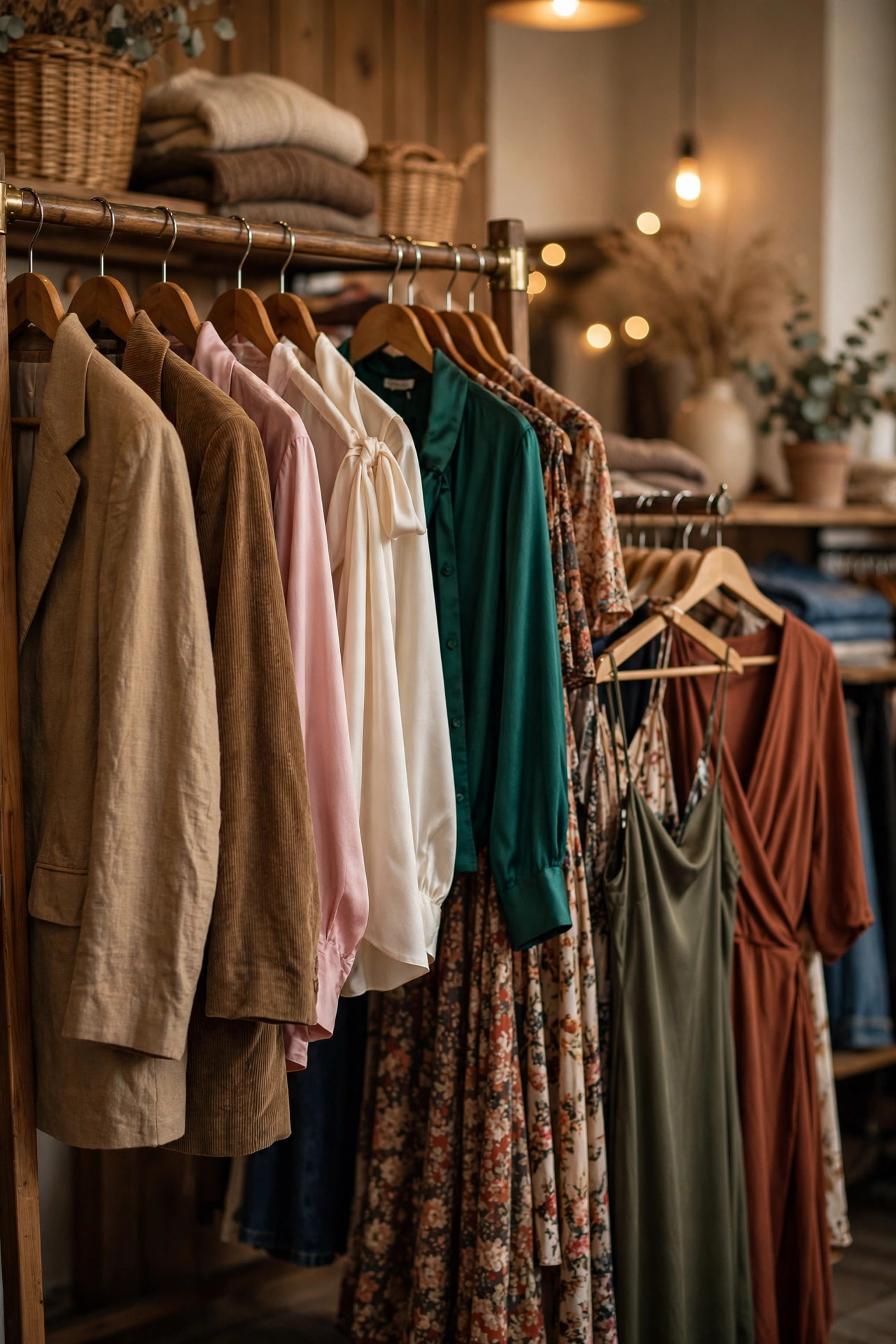 Curated thrift store clothing rack with blazers, silk blouses and dresses in warm boutique lighting