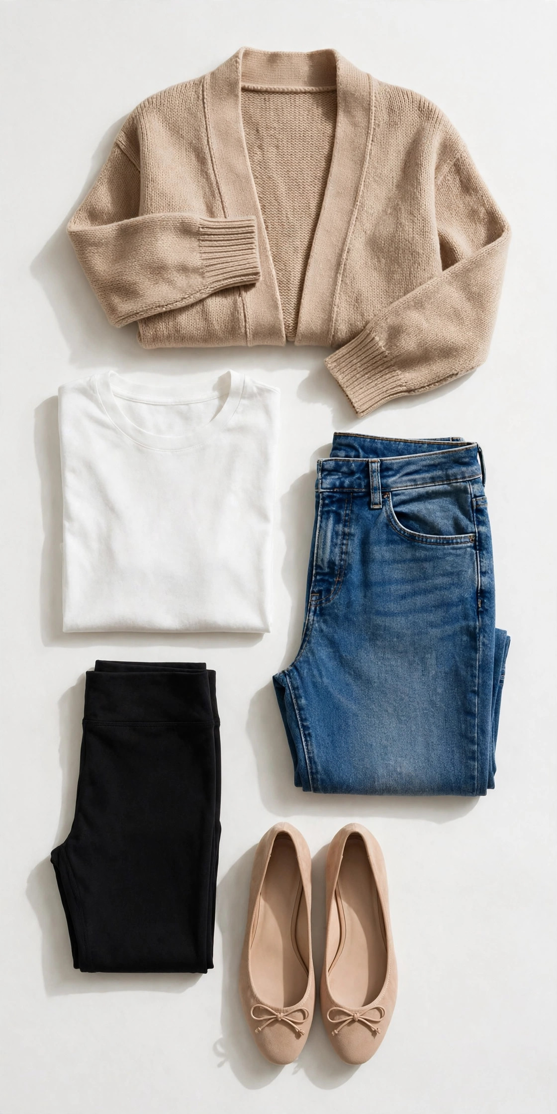 Flat lay of wardrobe basics: white t-shirt, black leggings, blue jeans, nude ballet flats and beige cardigan on a white background