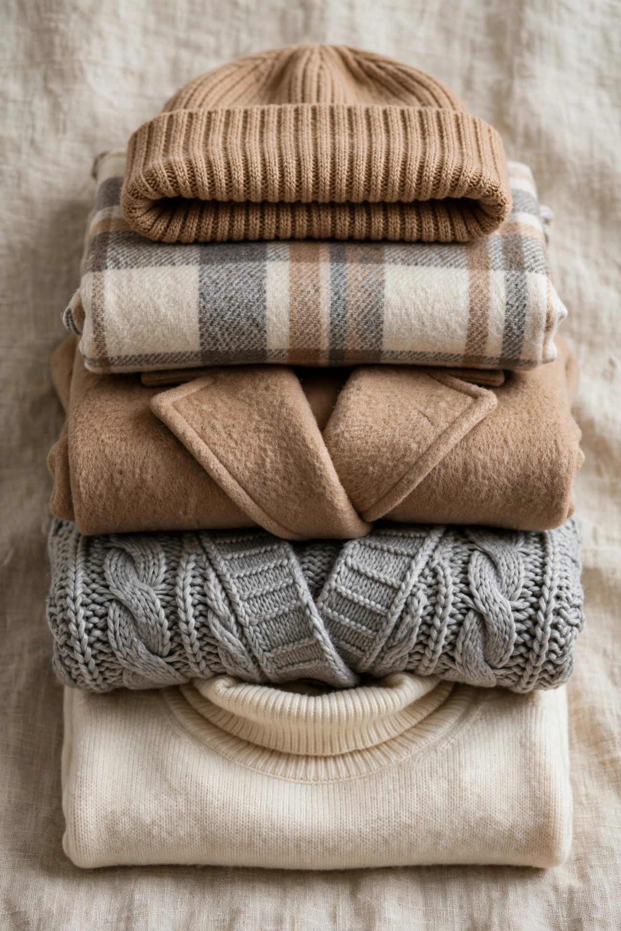 Neatly folded winter layers stacked: turtleneck, chunky cardigan, wool coat, plaid scarf, and knit beanie in cream, grey, and camel tones